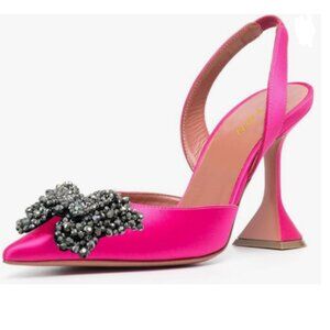 YDN Pink Bowknots Pumps Elastic Backstrap Studded Slip On Unique Heels Sandals